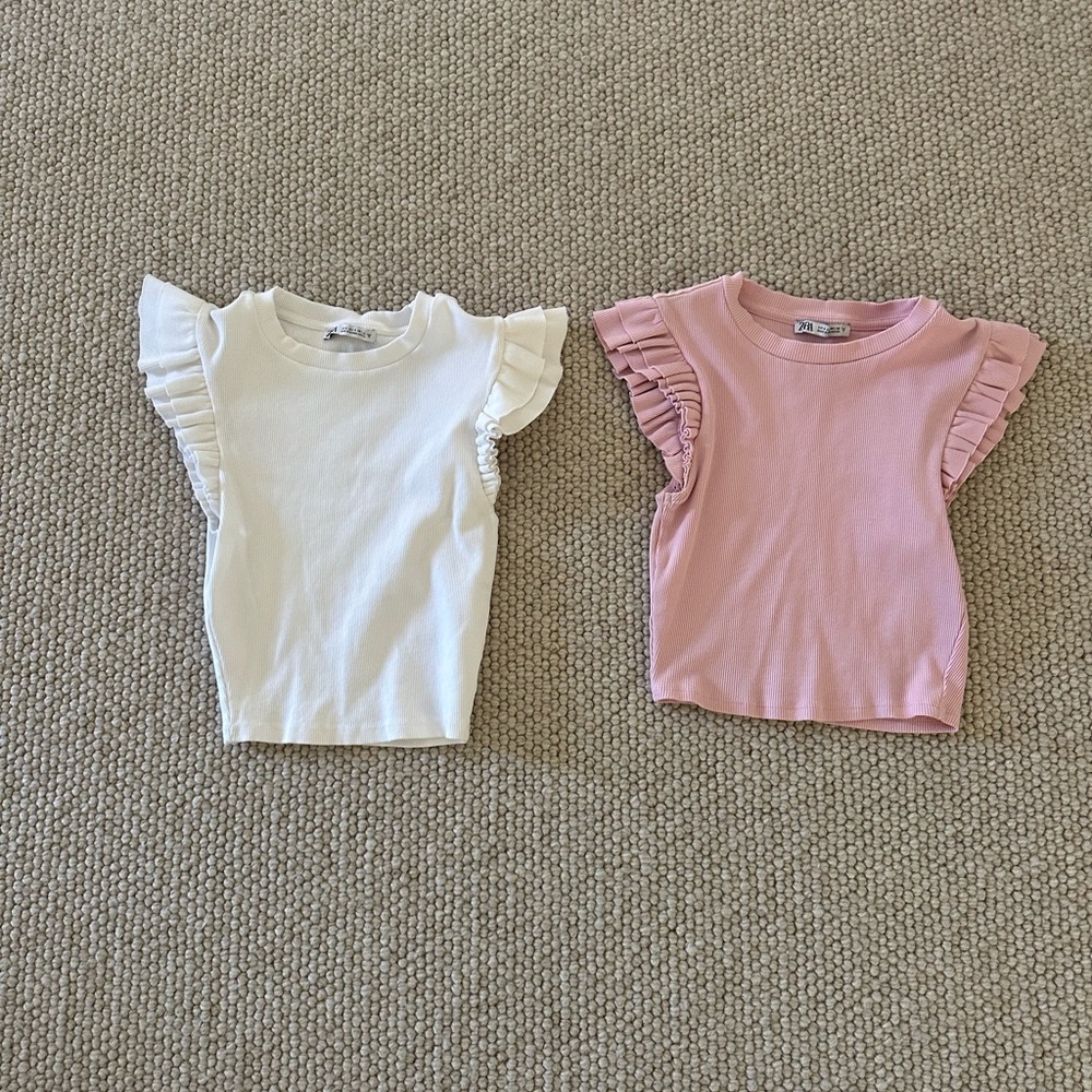 Zara Kids Ruffle Sleeve Tees - White & Pink